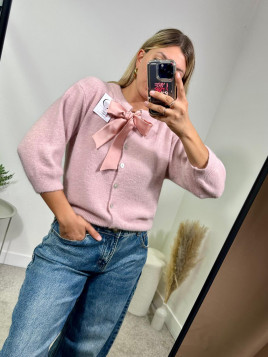 Cardigan rosa girocollo con fiocco