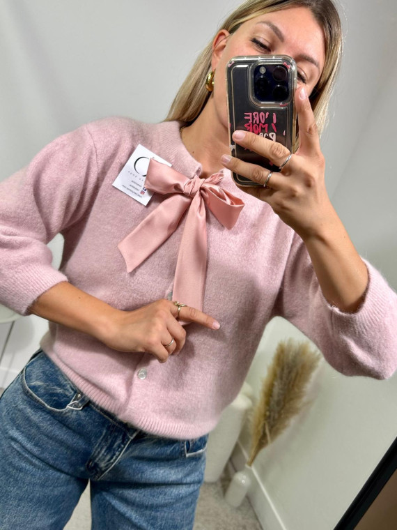 Cardigan rosa girocollo con fiocco