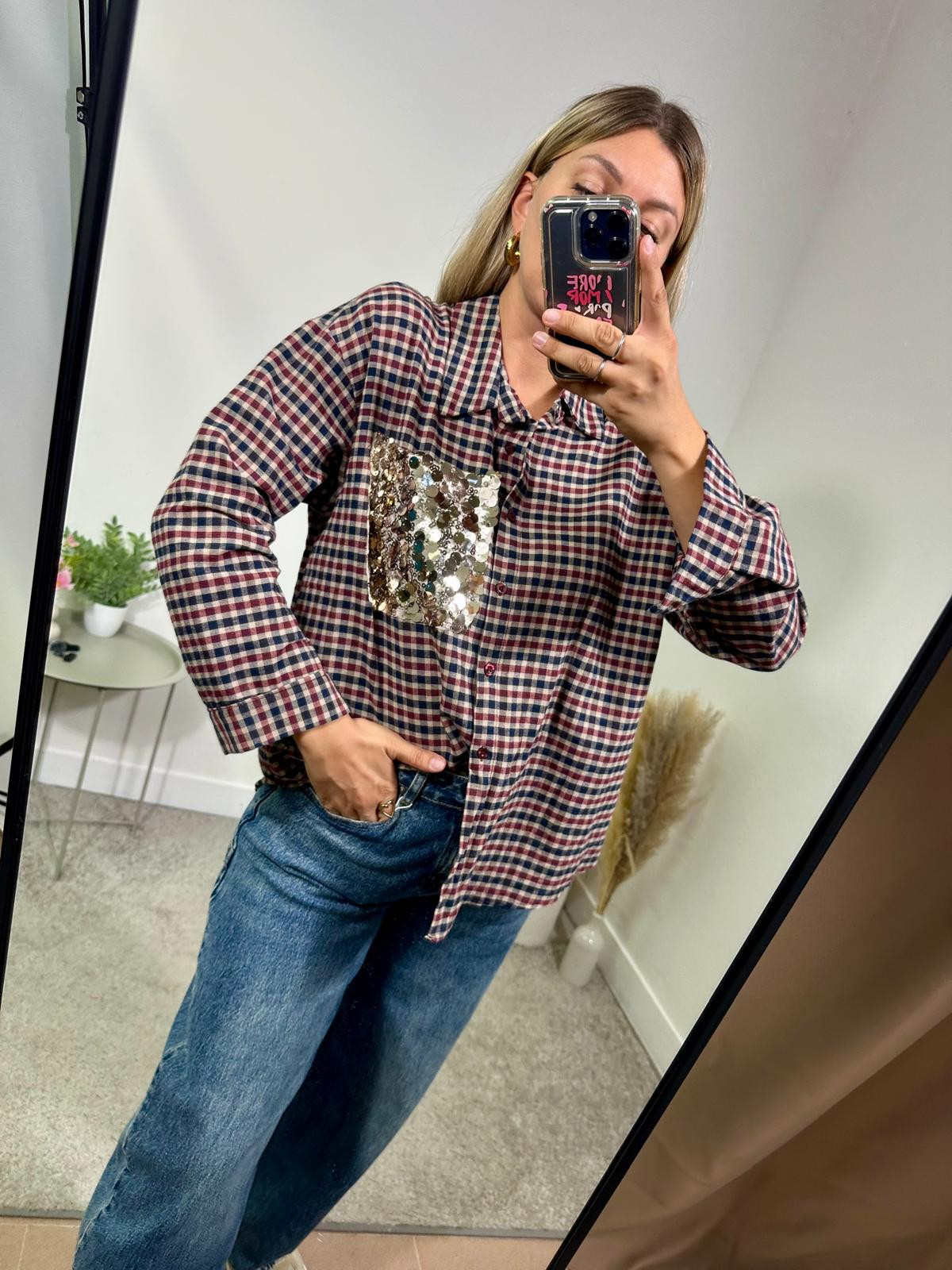 Camicia quadro taschino in paillettes