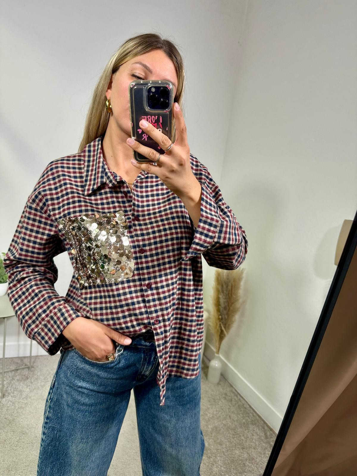 Camicia quadro taschino in paillettes